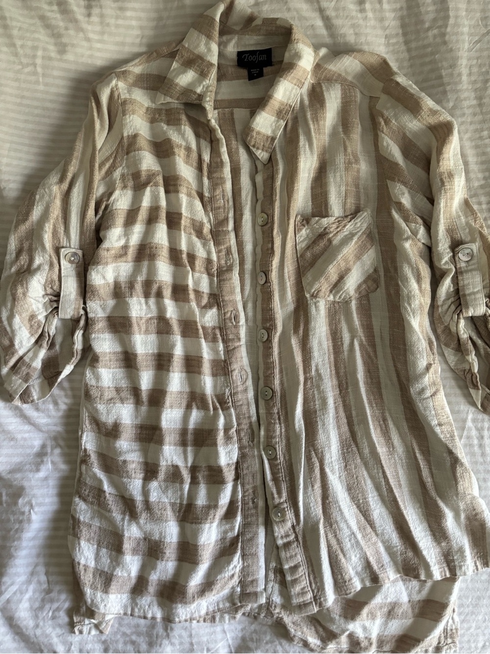 Beige & White Striped Linen Button-Up Shirt